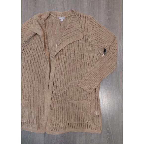 J. Jill Cotton Linen Open Front Cardigan Lg Tan Loose Knit Long Sleeves Pockets - Picture 3 of 10